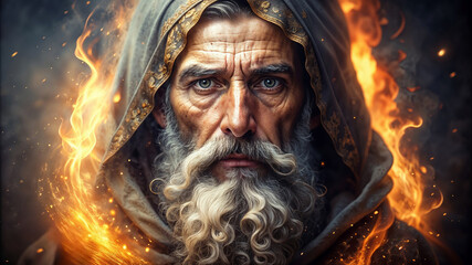 Wall Mural - A prophet of God with white beard in a fire and flames effects background illustration