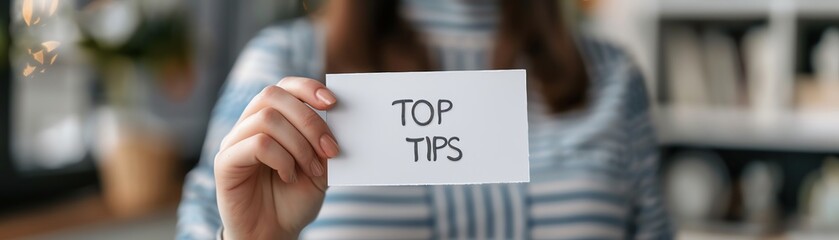 person holding a card with the text 'top tips'. ideal for business and advice-related content. blurr