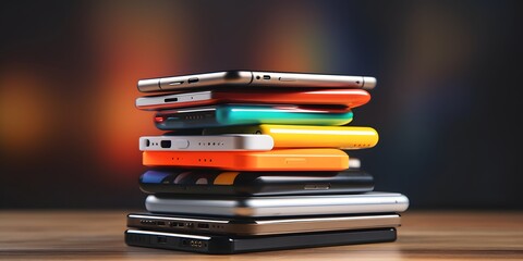 A pile of many mobile phones on a table, features various types and models of smartphones