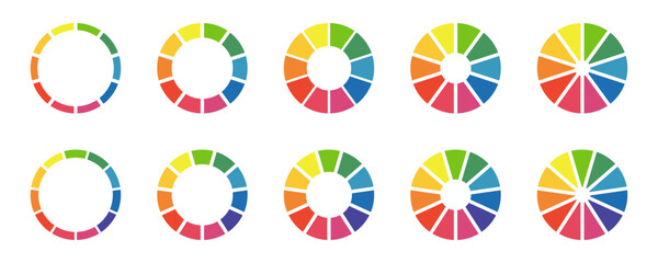 Donut color charts, pies segmented on 10, 11 equal parts. Diagrams infographic multicolored set. Wheels divided in ten, eleven sections. Circle section graph. Pie, pizza chart round icon. Loading bar.