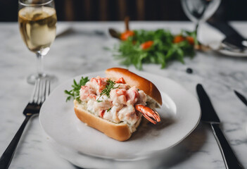 Wall Mural - Maine lobster roll with tarragon mayo on a marble tabletop with a glass of Chardonnay in a chic American seafood restaurant
