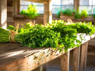 Poster - Neatly Arranged Chervil Herbs on Wooden Truss in Farm Workshop