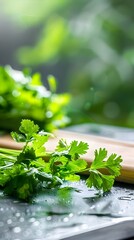 Poster - Vietnamese Coriander Leaves Displayed on a Glossy Wooden Panel in a Stylish Home Setting