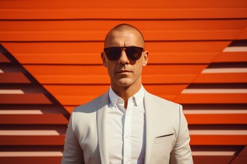 Poster - Portrait of a satisfied man in his 40s wearing a trendy sunglasses while standing against stylized simple home office background