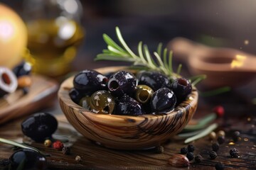 Poster - A traditional wooden bowl filled with olives and spices, great for still life photography or food styling