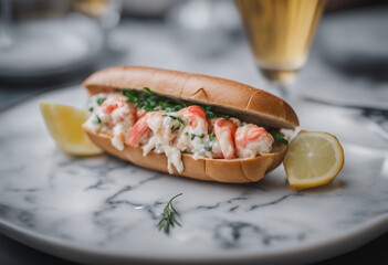 Wall Mural - Maine lobster roll with tarragon mayo on a marble tabletop with a glass of Chardonnay in a chic American seafood restaurant
