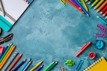 Creative flat lay template of school supplies scattered on a desk, showcasing colorful pencils, notebooks, and rulers, with solid background and copy space on center