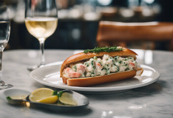 Wall Mural - Maine lobster roll with tarragon mayo on a marble tabletop with a glass of Chardonnay in a chic American seafood restaurant
