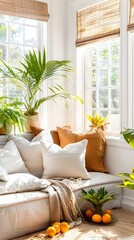 Poster - Cozy Reading Nook Accented with Tropical Pomelo Pillow Patterns and Lush Greenery