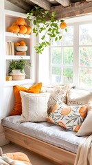 Poster - Cozy Reading Nook with Decorative Throw Pillows and Pomelo Pattern