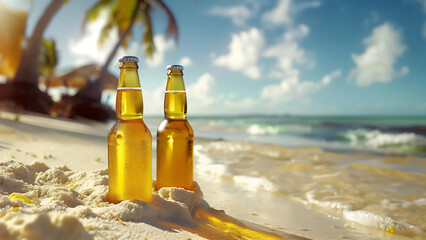 Beer bottles with golden liquid, on the white sand at the beach, with a calm ocean and a blue sky.