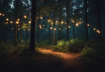 Wall Mural - fantasy night magical fairy tale background forest mystical landscape lights glowing wallpaper