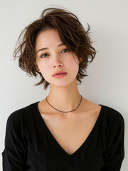 Wall Mural - 20s japanese woman, short brown hair, photographed in a studio,natural pose, natural fashion, white background