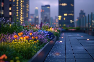 Poster - Nighttime cityscape viewed from a rooftop garden with lush greenery and urban architecture