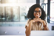 © peopleimages.com - Portrait, smile and confident black woman with laptop, glasses and business development manager at desk. Office, opportunity and happy consultant with online project, pride and job at advisory agency