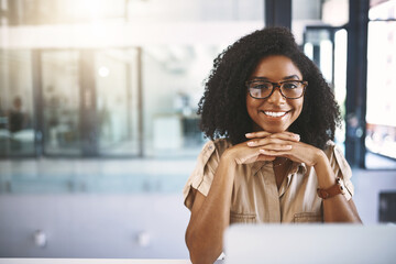 Poster - Portrait, smile and confident black woman with laptop, glasses and business development manager at desk. Office, opportunity and happy consultant with online project, pride and job at advisory agency