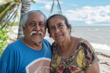 Sticker - Portrait of a content latino couple in their 80s dressed in a casual t-shirt over sandy beach background