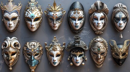 Aufkleber - A collection of face masks or decorative designs on a wall, possibly for storage or display