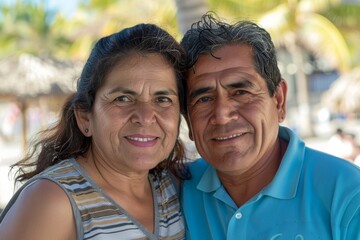 Poster - Portrait of a grinning latino couple in their 50s wearing a sporty polo shirt isolated on bustling beach resort background