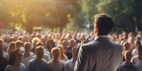 Man doing a speech outdoor in front of a crowd, Man politician doing a speech outdoor in front of a crowd