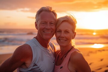 Sticker - Portrait of a joyful caucasian couple in their 40s wearing a lightweight running vest over stunning sunset beach background