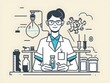 © sunfjower - Female scientist wearing a lab coat, conducting an experiment, flat design illustration.