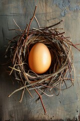 Poster - A single egg sits in a natural nest on a wooden table, perfect for still life or nature-themed images
