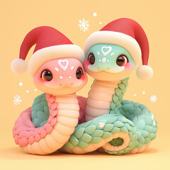 Sticker - Two small snakes wearing santa hats are hugging each other. The image has a cute and playful mood, with the snakes wearing hats and looking at the camera