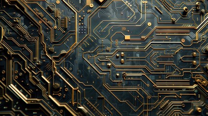Poster - a futuristic circuit board pattern with intricate lines and connections in metallic colors. the high