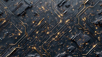 Poster - a futuristic circuit board pattern with intricate lines and connections in metallic colors. the high