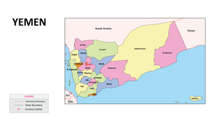 Poster - Yemen Map. State and union territories of Yemen with neighbouring countries. Political map of Yemen with capital and important cities in Detailed.