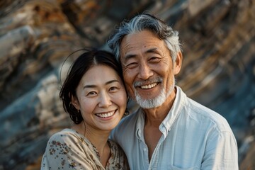 Sticker - Portrait of a cheerful asian couple in their 40s wearing a simple cotton shirt isolated on dramatic coastal cliff background