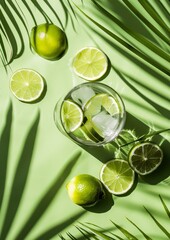  minimalistic summer concept, gin and tonic in glass with ice cubes on green table, lime slice on the side, shadow from palm tree leaves, pastel colors,