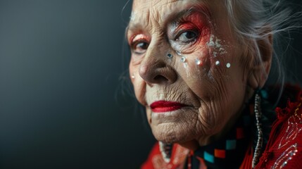 Close-Up Portrait of an Elderly Woman With Red Lipstick and White Makeup