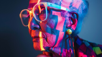 Canvas Print - Close Up Portrait of Senior Woman With Glasses Lit By Neon Lights