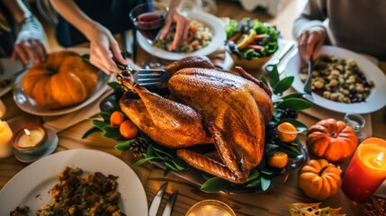 Wall Mural - The Golden Brown Roasted Turkey Is the Center of Attention at the Thanksgiving Dinner Table, Surrounded by Loved Ones