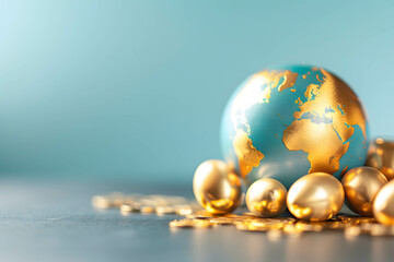 Wall Mural - Investment management and risk diversification concept, beautiful globe surrounding by golden eggs, representing investment diversification