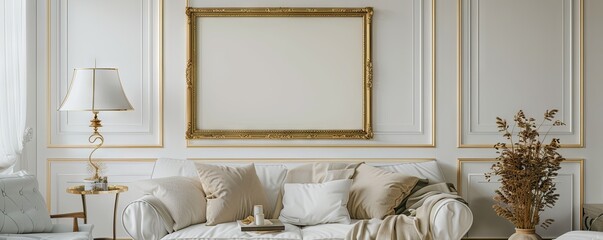 Wall Mural - Chic living room with an empty gold-leaf frame.