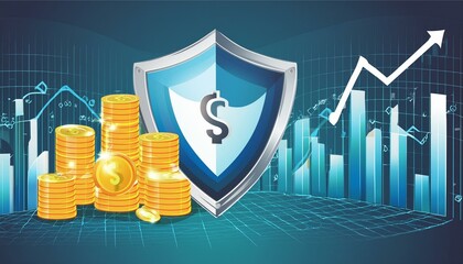 financial security and business profit, featuring currency, protective elements like a shield or umbrella, and possibly graphs or charts illustrating growth or insurance concepts