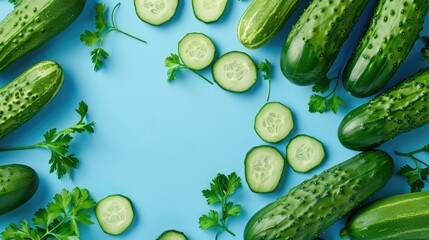 Wall Mural - Crisp cucumbers and fresh parsley on a blue backdrop