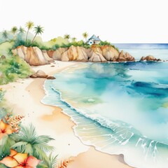 Wall Mural - Tropical Beach Painting With Palm Trees