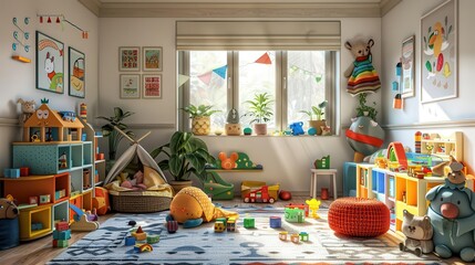 room with a lot of toys and a window