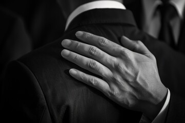 A Hand Resting on the Shoulder of a Man in a Suit.