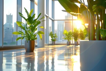 Wall Mural - Green plants in modern office with sun shining through windows on high floor
