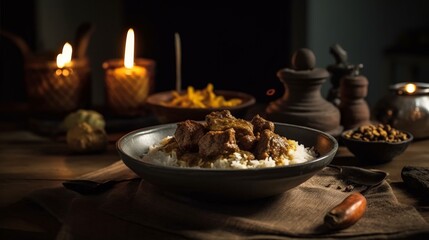 Beef rendang cooked in rich coconut milk and spices served