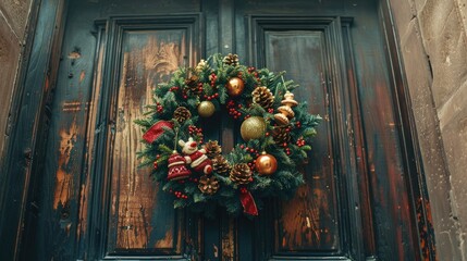 Wall Mural - Festive wreath adorned with toys on aged wooden door