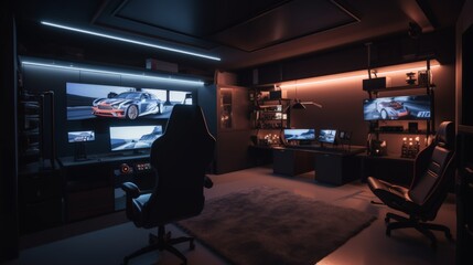 Professional gaming room with a racing silmualator setup