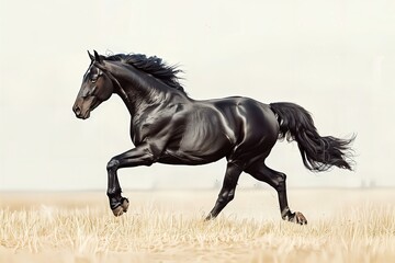 Wall Mural - a black horse running through a dry grass field