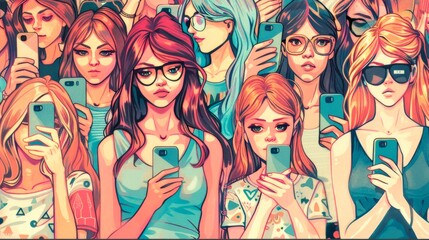 Wall Mural - A lot of girls with mobile phones, a hand-drawn illustration in a realistic style poster.