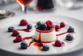 Wall Mural - Panna cotta with wild berries and vanilla bean on a pristine white plate with a glass of Italian dessert wine in a luxury Italian eatery
